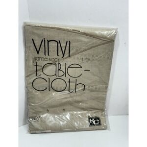 K C VINYL FLANNEL Back  TABLECLOTH Beige  Round 70'' Vintage NEW USA‎ Made